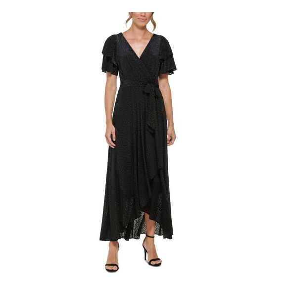 DKNY Womens Black Lined Self-tie Belt Hem Flutter Sleeve Maxi Dress 4